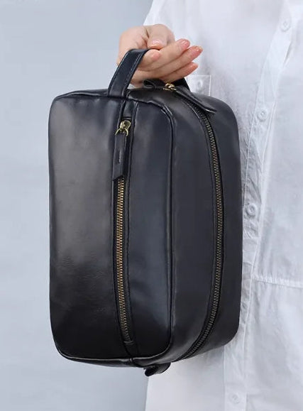 Trousse de Toilette Luxe Cuir Noir avec Poignée et Poche Zip
