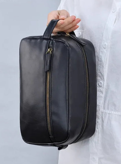 Trousse de Toilette Luxe Cuir Noir avec Poignée et Poche Zip